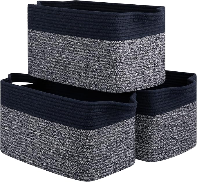 Storage Basket for Organizing, Woven Baskets for Storage, Rectangle Decorative Baskets for Shleves, Closet, Toys, Books, Nursery Organizer Bins - Pack of 3 (Blue & Black)-Ruum Studio Home