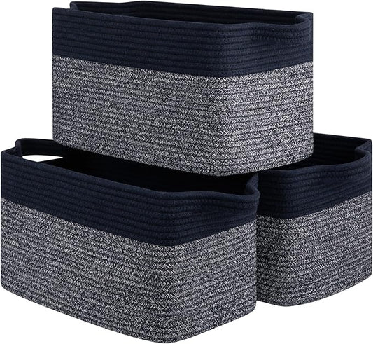 Storage Basket for Organizing, Woven Baskets for Storage, Rectangle Decorative Baskets for Shleves, Closet, Toys, Books, Nursery Organizer Bins - Pack of 3 (Blue & Black)-Ruum Studio Home