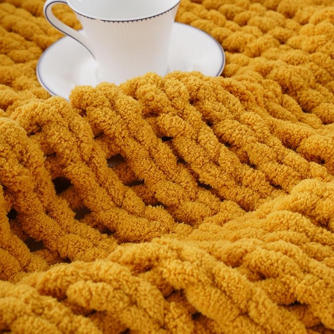 Battilo Chunky Knit Throw Blanket, Soft and Thick Chenille Throw Blanket, 50"x60" Handmade Cable Knit Crochet Blanket, Large Rope Knot Throw Blankets for Couch Sofa Bed Home Decor, Mustard-Ruum Studio Home