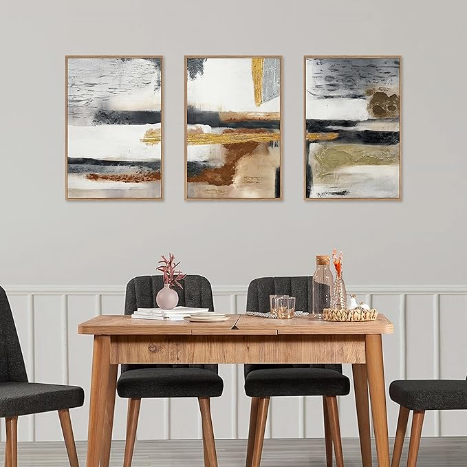 Modern Abstract Framed Canvas Wall Art Set, Neutral Textured Wall Decor, Boho Minimalist Gold and Gray Wall Painting for Living Room, Bedroom, Dining Room, Office - 16" x24" x3-Ruum Studio Home