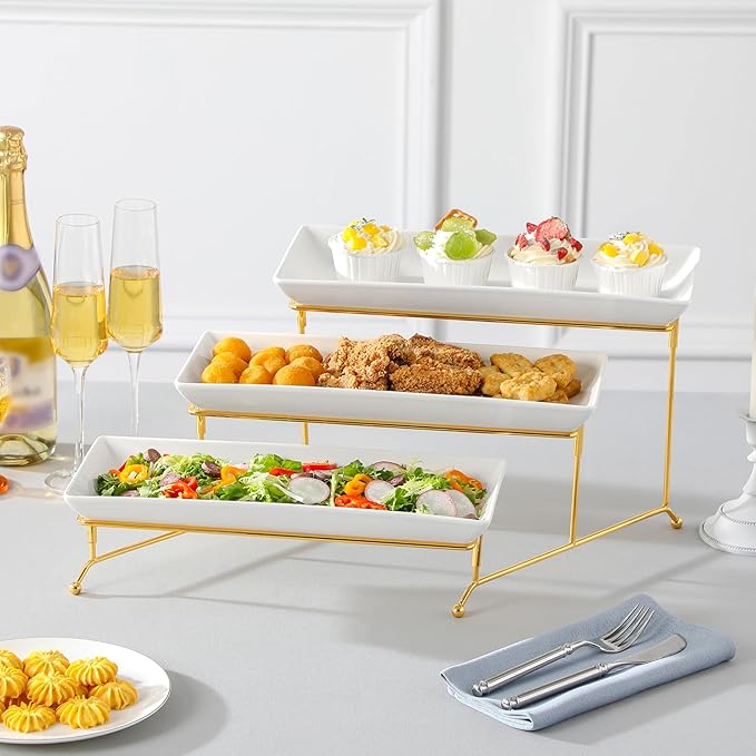 MALACASA 3 Tier Serving Trays for Party, 14 Inch Porcelain White Trays for Serving Food, Dessert Stand with Collapsible Gold Metal Rack-Ruum Studio Home