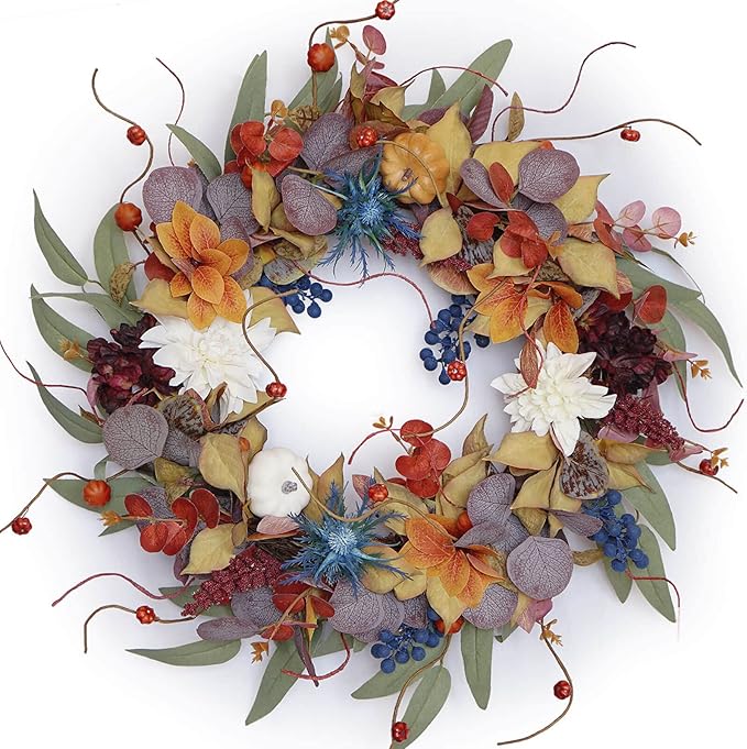 Fall Wreaths for Front Door Outside 24 Inch Autumn Wreath with Pumpkins, Silk Leaves & Purple Flowers Autumn Wreaths for Front Door, Halloween Wreath Decoration, Thanksgiving Decor-Ruum Studio Home