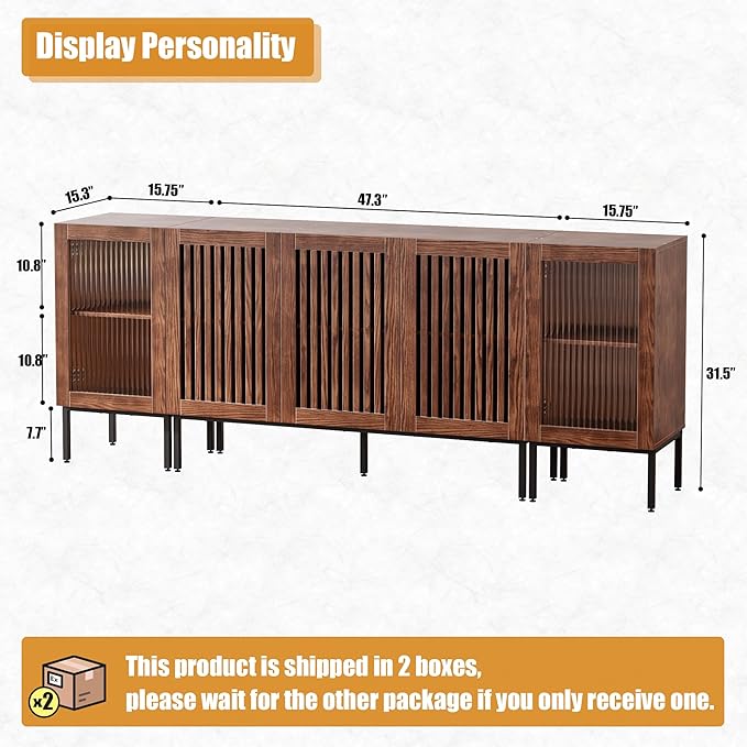 Farmhouse TV Stand for TVs up to 85 Inch, Entertainment Center TV Console with Storage Cabinets and Glass Doors,Media Console for Living Room, Brown-Ruum Studio Home