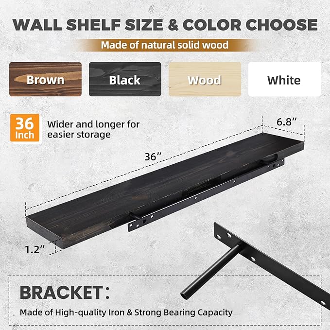 36"x6.8"x1.2" Solid Wood Floating Shelves 2-Pack - Rustic Black Finish with Hidden Brackets, Perfect for Storage and Décor in Living Room, Kitchen, Bedroom-Ruum Studio Home