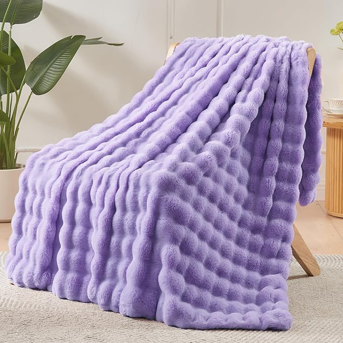 NEWCOSPLAY Faux Fur Twin Blanket Lavender Bubble Blanket Thick Warm Soft for Couch Sofa Bed 550GSM (Lavender, Twin(60"x80"))-Ruum Studio Home