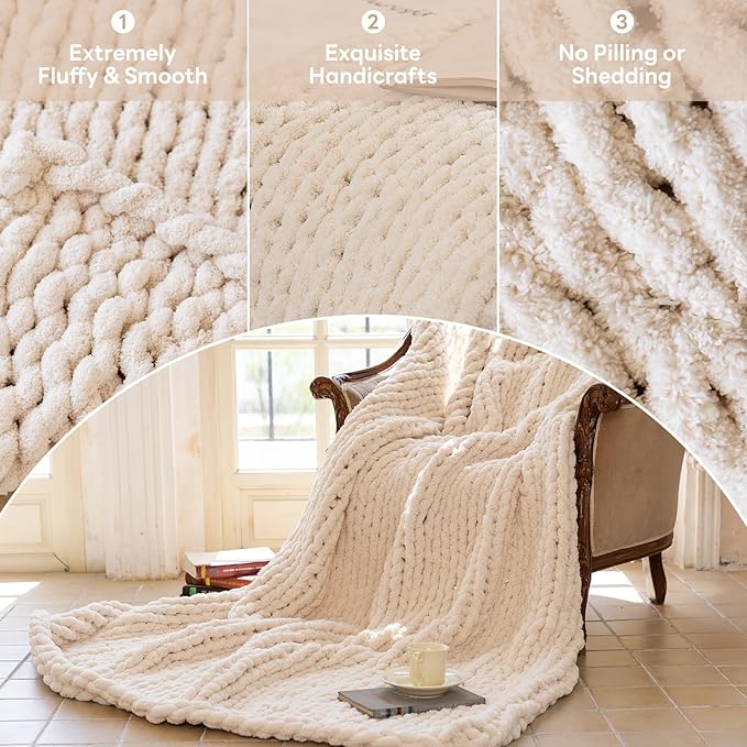 Chunky Knit Blanket - Luxury Soft Cozy Extra Large Size (80 * 90) Throw Blanket,100% Woven Blanket Rope Knot Throw Blanket for Couch, Sofa, Home Decor, Gift - Machine Washable（Cream）-Ruum Studio Home