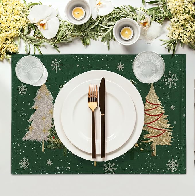 Green Christmas Tree Placemats Set of 4, 12x18 Inch Xmas Trees Snowflakes Winter Holiday Place Mats Seasonal Washable Linen Table Mats for Indoor Outdoor Kitchen Dining Party Décor-Ruum Studio Home