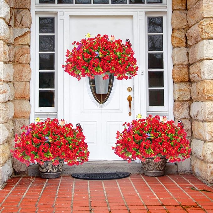 ‌20 Bundles Artificial Flowers for Outdoors‌ with 6 Faux Butterflies, UV Resistant ‌Fake Flowers‌ with Eucalyptus Leaves, ‌Artificial Plants Outdoor‌ for Patio Garden Porch Home Decor (Red)-Ruum Studio Home