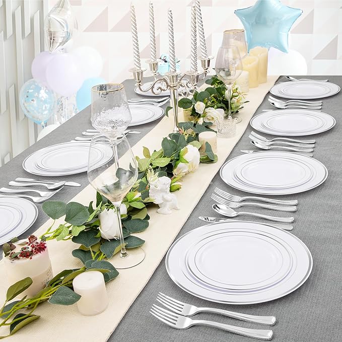 FLOWERCAT 60PCS Silver Plastic Plates - Heavy Duty White and Silver Plastic Plates Disposable - Include 30PCS 10.25inch Dinner Plates and 30PCS 7.5inch Dessert Plates for Wedding&New Year-Ruum Studio Home
