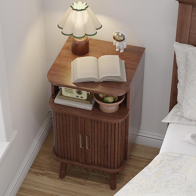 Alohappy Mid Century Modern End Table with Sliding Tambour Door, Fluted Wood Nightstand, Curved Round Edge Side Table with Storage Cabinet for Bedroom, Living Room, Walnut-Ruum Studio Home