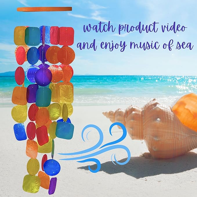 Bellaa 24841 Wind Chimes Outdoor, Garden Decorations, Musical, Indoor/Outside Windchimes, Beach, Ocean Breeze, Gifts for Mom, Gift for All Occasions, Capiz Sea Glass Shells Wood Pink Purple-Ruum Studio Home