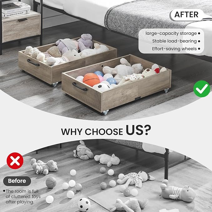 Under Bed Storage with Wheels, 2-Pack Under Bed Shoe Storage Organizer Drawer, Composite Wood Organizer for Shoes Clothes Containers in Bedroom for Clothes,Shoes(Grey)-Ruum Studio Home