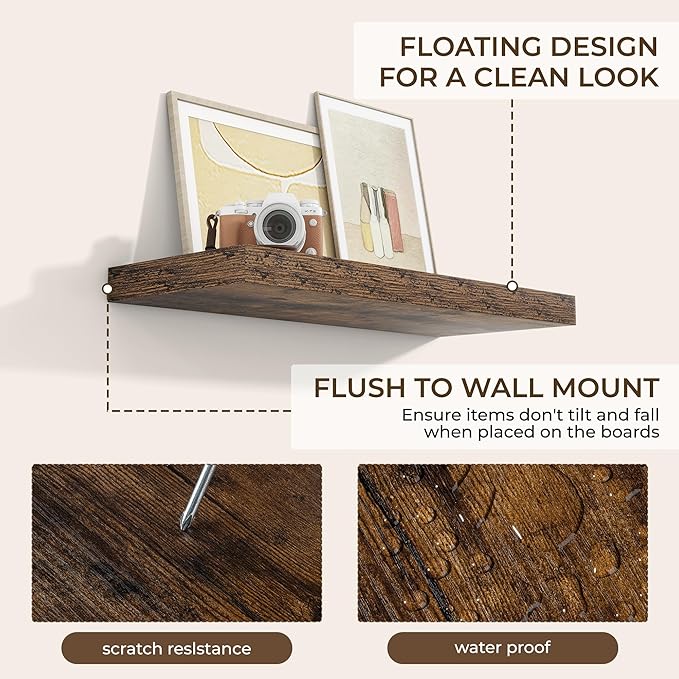 RICHFOCUS 31.5Inch Floating Shelves for Wall 2 Pack Shelves for Bedroom|Kitchen|Bathroom Wall Mounted Rustic Wood Floating Shelf with Invisible Brackets for Books|Storage|Decor, Rustic Brown-Ruum Studio Home