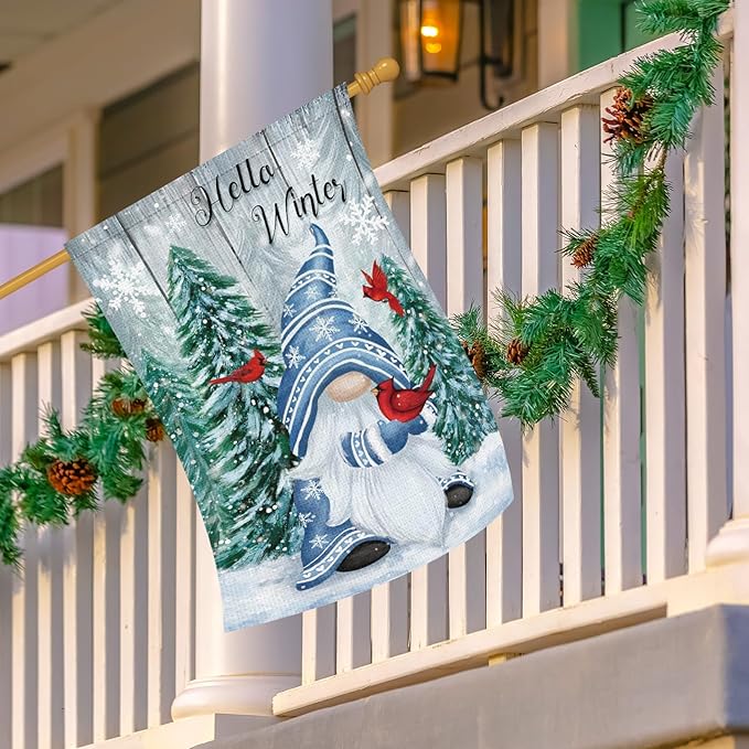Heyfibro Hello Winter Gnome Garden Flag 28x40 Double Sided Burlap Cardinals Snowflakes Snow Yard Banner for Christmas Seasonal Outside Outdoor House Decoration (ONLY FLAG)-Ruum Studio Home