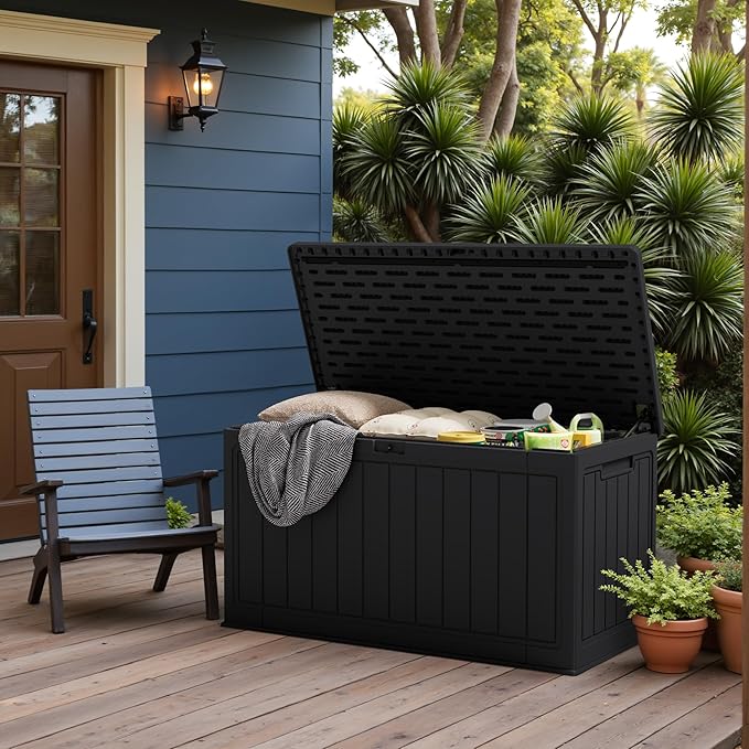 JUMMICO 160 Gallon Resin Outdoor Storage Deck Box with Divider, Waterproof Storage Box&Bench with Lockable Lid for Garden Tools, Pools Supplies (Black)-Ruum Studio Home