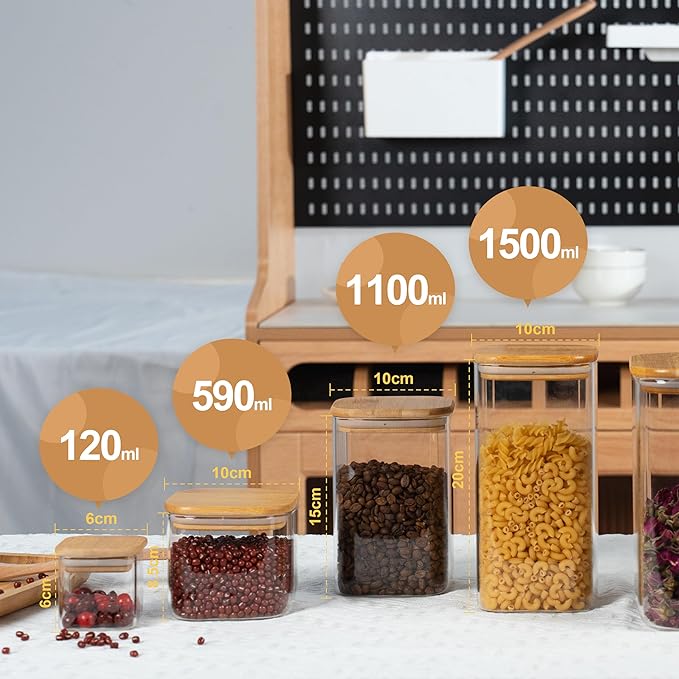 41oz Airtight Glass Square Storage Canister with Bamboo Lid Set of 4 (1200ml) Container Stackable Jar, Kitchen Canister for Pantry Noodles, Flour and Coffee beans (‎with Black Lable)-Ruum Studio Home