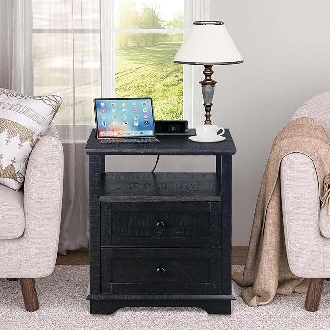 HIFYOBRO Large End Table Set of 2, 2 Drawers and Charging Station, Type-C & USB Port & Power outlets, Wooden End Table, Side Table with Storage for Living Room and Bedroom (Espresso)-Ruum Studio Home
