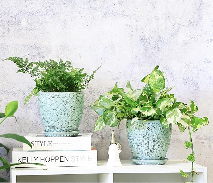 6 Inch Retro Ceramic Planter Set of 2 with Drainage Hole and Saucer for Plants, Indoor-Outdoor Garden Pots for Succulent, Orchid, and Flower (Fits Inner Pots Up to 5 Inches, Retro Green)-Ruum Studio Home