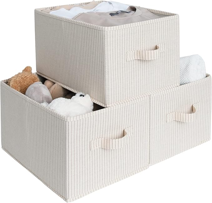 StorageWorks Storage Baskets for Shelves, Foldable Fabric Closet Storage Bins with Handles, Fabric Storage Bins Clothes Organizer, Beige Stripes, 3-Pack, Large-Ruum Studio Home
