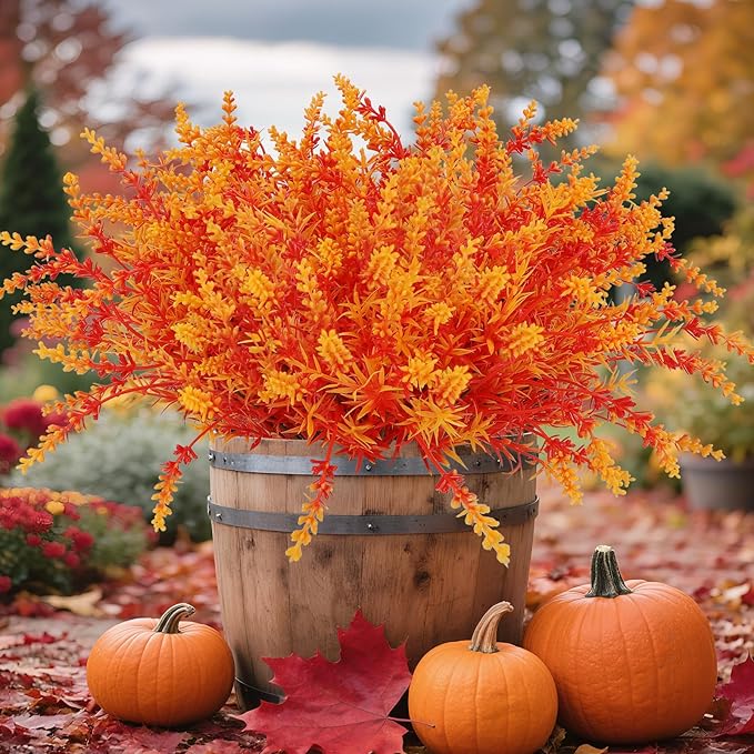 Geegoods 16 Bundles Artificial Fall Flowers Outdoor – Faux Lavender Flowers with Monkey Grass UV Resistant Plastic Faux Plants for Halloween Front Door Porch Patio Yard Balcony Decor, Orange Color-Ruum Studio Home