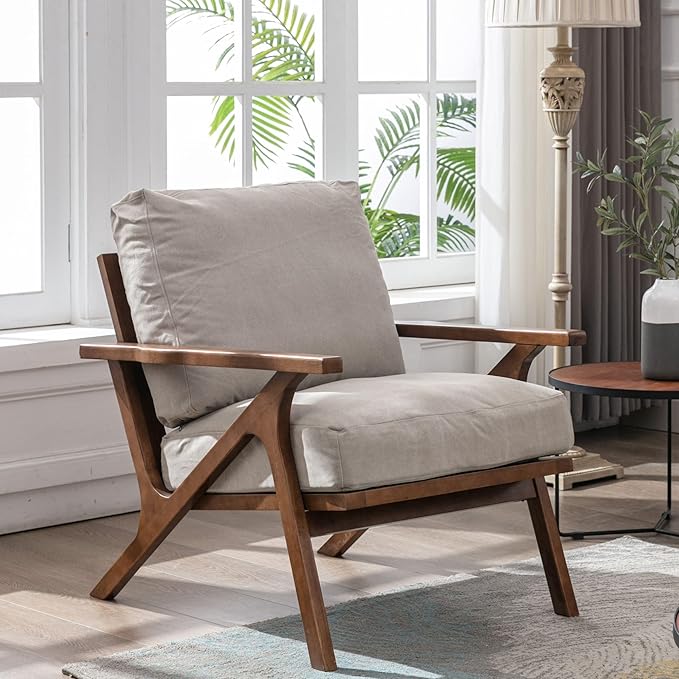 Wahson Mid Century Armchair, Accent Armchair, with Wood Frame and Canvas Cushions, Leisure Slipper Chair for Living Room/Bedroom, Beige-Ruum Studio Home