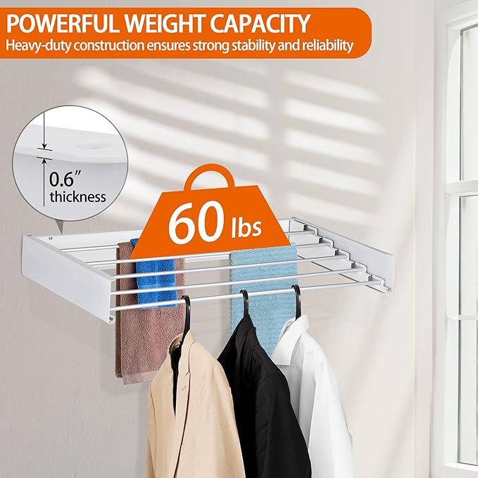 FOCHIER F Laundry Drying Rack Wall Mounted Clothes Drying Rack Collapsible with 4 Aluminum Rods and Drilling Template Long Screwdriver Bit 60 lbs Capacity (White, 23.6")-Ruum Studio Home