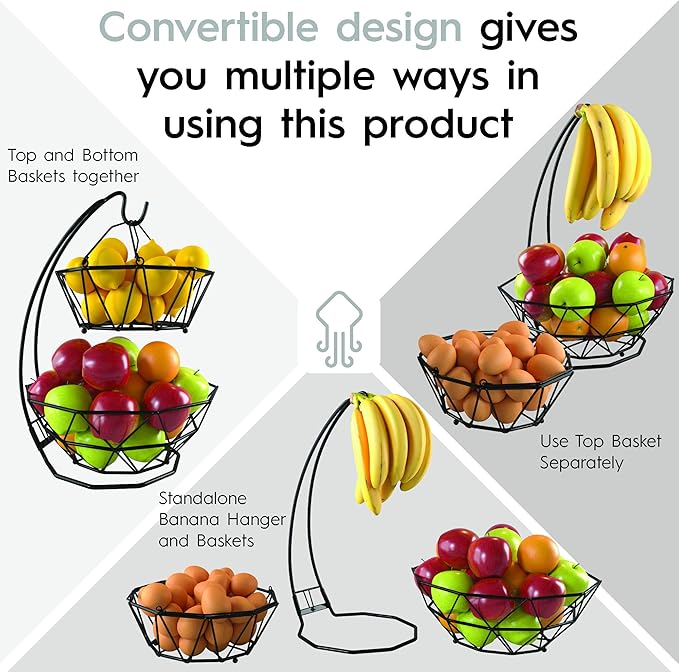 Fruit Basket with Banana Hanger and Fruit Bowl. Kitchen Counter Fruit Bowl with Banana Holder used as Bread, Vegetable or Produce Basket, Egg Holder, 2 Tier-Ruum Studio Home