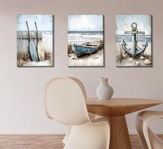 3Pcs Coastal Beach Canvas Wall Art Sailboat Paddle And Anchor Paintings Pictures Wall Decor Nautical Posters Prints Artwork Suitable for Living Room Bedroom Home Office Corridor Home Decroation-Ruum Studio Home