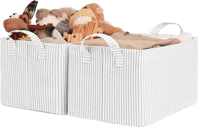StorageWorks Storage Bins, Fabric Storage Bins for Shelves, Storage Baskets with Metal Frame, Closet Baskets and Bins with Handles, Gray and White Stripes, 2-Pack-Ruum Studio Home