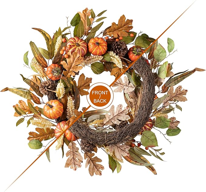 Glitzhome 24''D Fall Pumpkin Leaf Floral Wreath Decor, Artificial Harvest Door Wreath for Autumn or Thanksgiving Decoration-Ruum Studio Home
