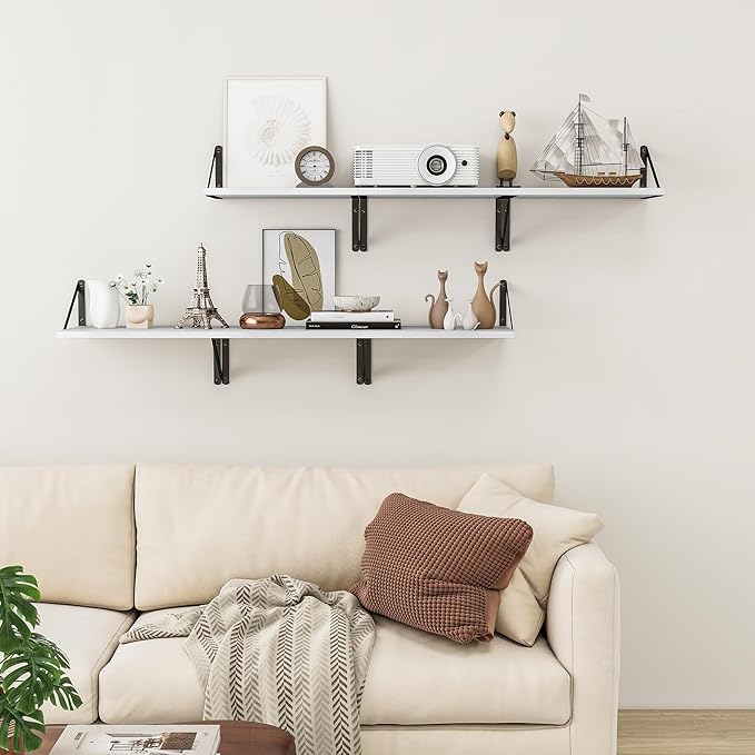Heimlove Deep Floating Shelves for Wall, 12 Inch Deep Floating Shelves Set of 3, 16W x 12D Wood Wall Shelves, Wide Wood Shelves with Metal Bracket for Living Room, Kitchen, Office, Bedroom - White-Ruum Studio Home