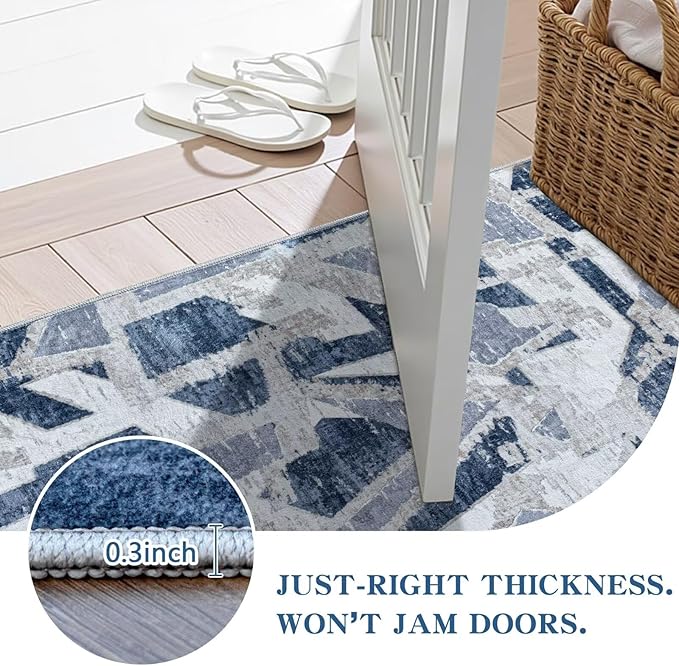 Modern Abstract Door Mat Indoor Entrance 2X3 Blue Rug Washable, Non-Slip Small Rugs for Entryway Bathroom Ultra-Thin, Throw Carpet for Kitchen Bedroom Nursery Kids Print Faux Wool-Ruum Studio Home