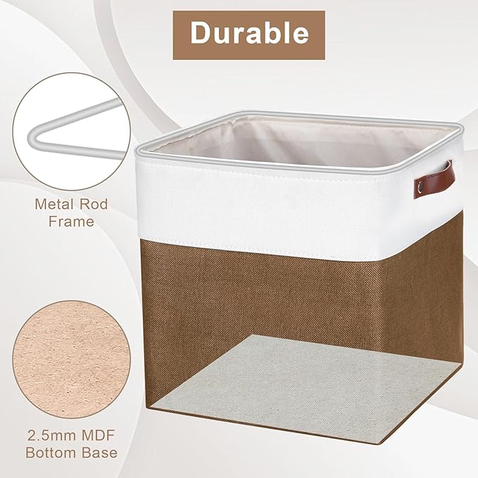 13x13 Cube Storage Bins, Collapsible Fabric Storage Box, 4 Pack Closet Baskets with Handles for Organizing, Shelf, Toys, Clothes, Home, Office, Nursery (Brown&White)-Ruum Studio Home