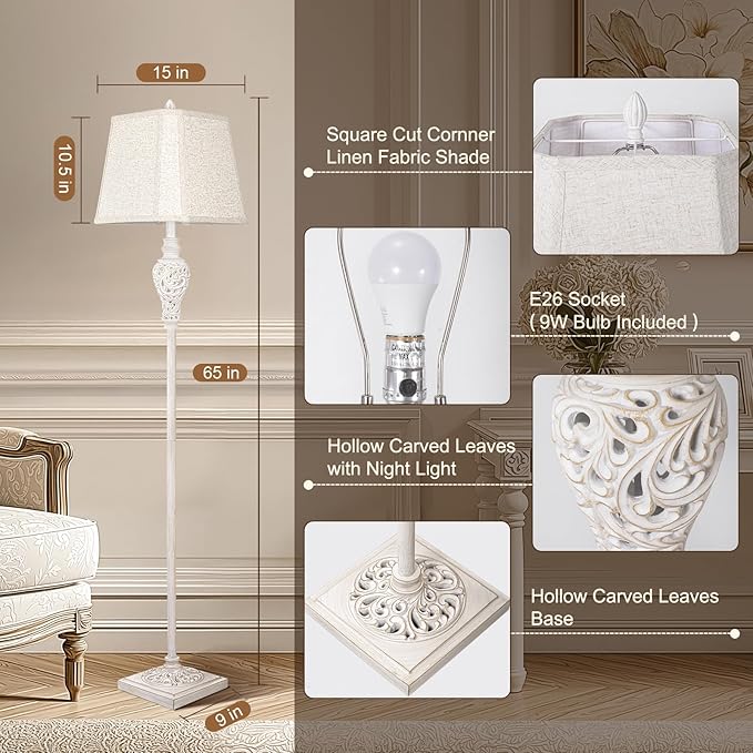 Floor Lamp for Living Room, Vintage Standing Lamp with Nightlight, 65" Tall Lamp with White Linen Shade, Farmhouse Rustic Floor Lamp for Bedroom, Office, Corner (LED Bulb Included)-Ruum Studio Home