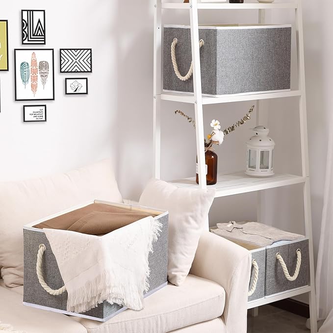 Yawinhe Foldable Fabric Storage Cubes 3-Pack, Collapsible Bins with Rope Handle, Large Closet Organizers for Shelves, Closets, Clothes, 14.96''Lx9.84''Wx8.26''H, Grey-Ruum Studio Home