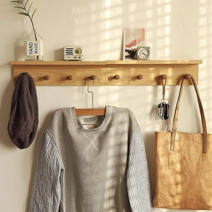 Entrance Coat Rack ，Coat Hooks, Wall-Mounted Wooden Hook Rack, Wall-Mounted Shelves are Very Suitable (Oak Colored Finish-2)-Ruum Studio Home