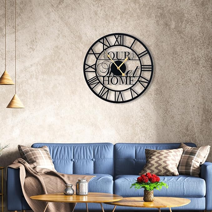 LBC.JzJu24inches/60cm Large Wall Clocks Battery Powered No Ticking Silent Round Black Modern Unique Metal Wall Clocks Suitable Living Room Kitchen Bedroom Fireplace Office Farmhouse。-Ruum Studio Home