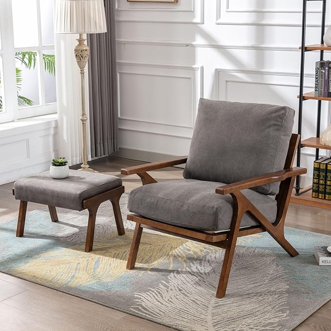 Wahson Mid Century Arm Chair and Ottoman Set, Upholstered Accent Armchair with Wood Frame and Canvas Cushions, Leisure Slipper Chair for Living Room/Bedroom, Grey-Ruum Studio Home