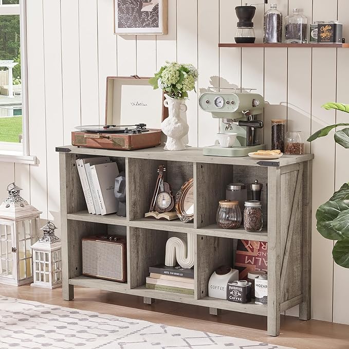Farmhouse 6 Cube Bookshelf, Rustic Grey Oak Wooden Storage Organizer Book Shelf, 47 Inch Cubby Hallway Bookcase, Kids Toy Storage Cabinet, Modern Open Book Case for Living Room, Hallway-Ruum Studio Home