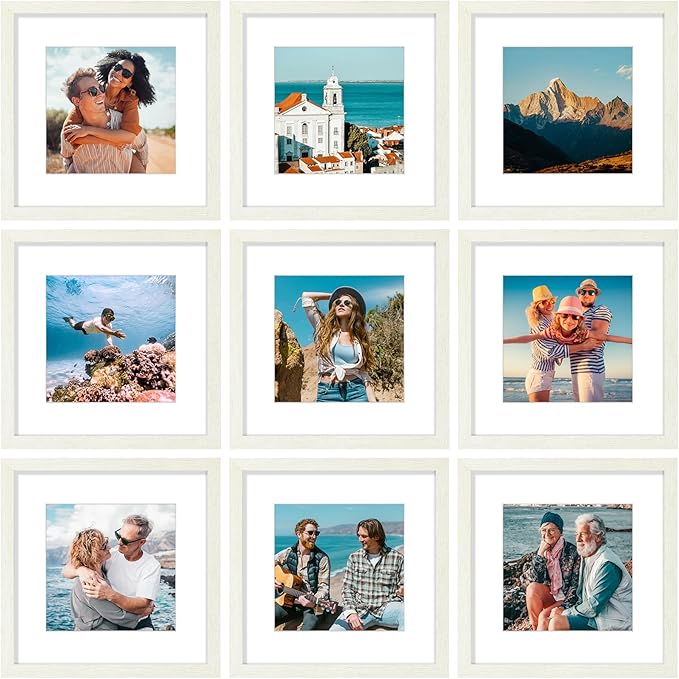 Vittanly 12x12 Picture Frames Set of 9, Shatter Resistant Plexiglass, Display 8x8 Pictures with Mat or 12x12 without Mat, Photo Frames for Wall Mount, Engineered Wood, Whitemist-Ruum Studio Home