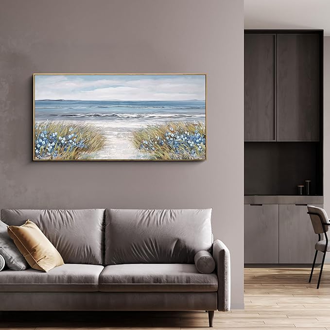 XLSJERST Framed Wall Art for Bedroom Decor - Farmhouse Boho Beach Coastal Vintage Floral Ocean Wall Picture Daisy Flowers Sea Canvas Print Nautical Neutral Seascape Artwork for Home Living Room-Ruum Studio Home