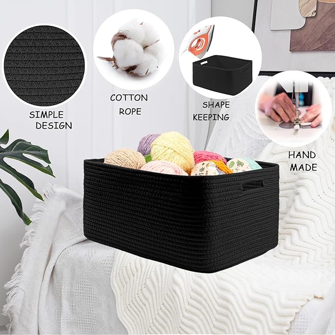 COMFY-HOMI Cotton Rope Woven Basket with Handles for Shelves,Toys,Book, Cloth Storage Baskets for Organizing-17" x 13" x 7.5" Toy Decorative Organizer for Living Room, Bathroom （all black）-Ruum Studio Home