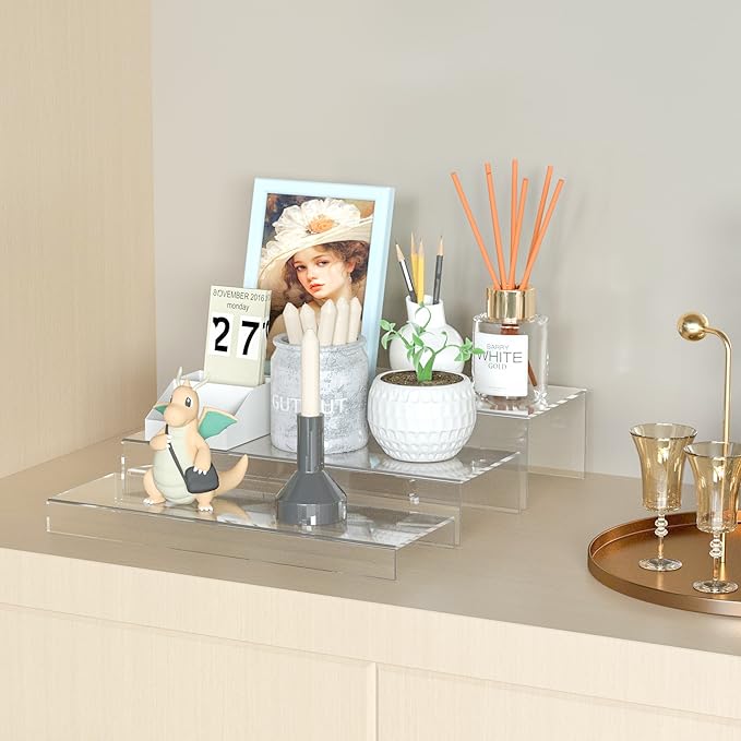 Rectangular Acrylic Display Risers Stands 3pcs, Dessert Table Display Rack, Clear Display Shelf for Funko Pop, Collectibles, Retails, Shoes, Glasses, Plants, Home Decors, Perfume - 12-1'', 2'', 3''-Ruum Studio Home