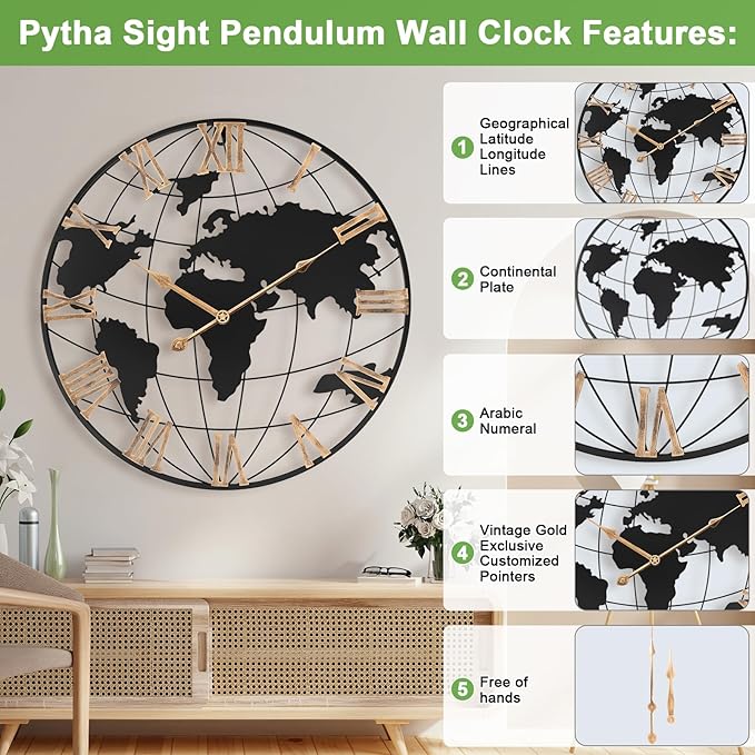 20 Inch Large Wall Clock for Living Room Decor,Big Modern Decorative Silent World Map Metal Wall Clock with Vintage Gold Roman Numeral for Office,Living Room,Kitchen,Dining Room-Ruum Studio Home