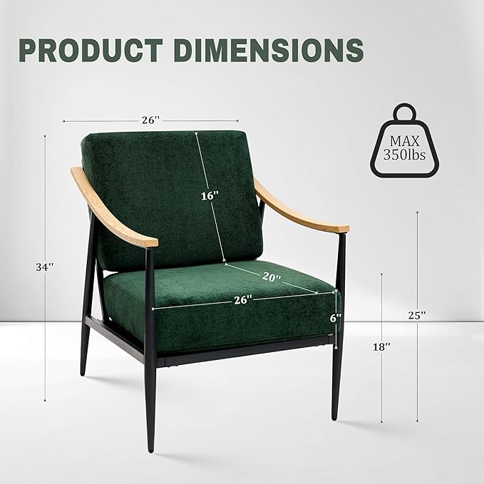 Modern Accent Chairs Set of 2 for Living Room Bedroom Mid Century Arm Chairs Upholstered Office Accent Chairs Comfy Waiting Room Chairs with Metal Frame, Green-Ruum Studio Home