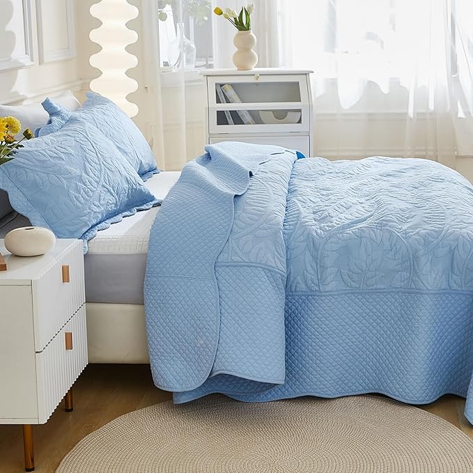 MarCielo 3-Piece 100% Cotton Oversized Bedspread Lightweight Quilt Coverlet Embroidery Farmhouse Bedding Set T0 (Light Blue, Oversized King (118"x106"))-Ruum Studio Home