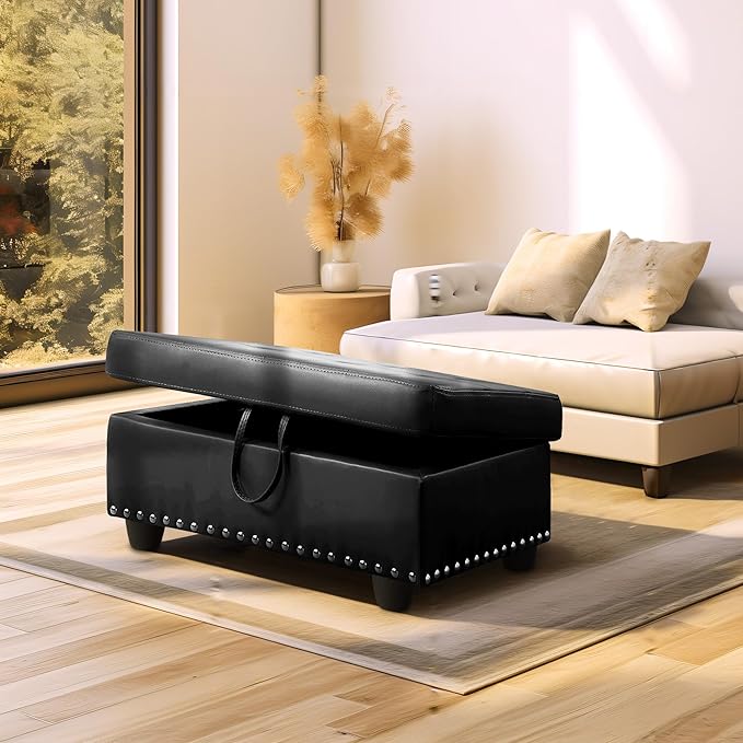 Ottoman Rectangular Storage Ottoman Bench, Faux Leather Footrest, Coffee Table, Stool Footstool with Hinged Lid for Living Room, Bedroom, Entryway, Black, 28.5"x19"x17.5"-Ruum Studio Home