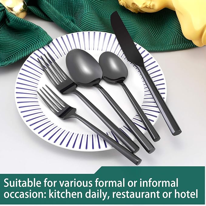 Hand Forged Stainless Steel Flatware Set Silverware Set Cutlery Set Hexagon Handle Black Mirror Finished 20 Pieces Service for 4-Ruum Studio Home