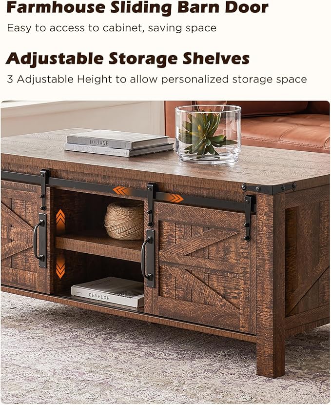 OKD 48" Farmhouse Lift Top Coffee Table with Sliding Barn Door,Rustic Center Table with Hidden Storage Compartment,Lifting Tabletop and Adjustable Shelf for Living Room,Office,Reclaimed Barnwood-Ruum Studio Home