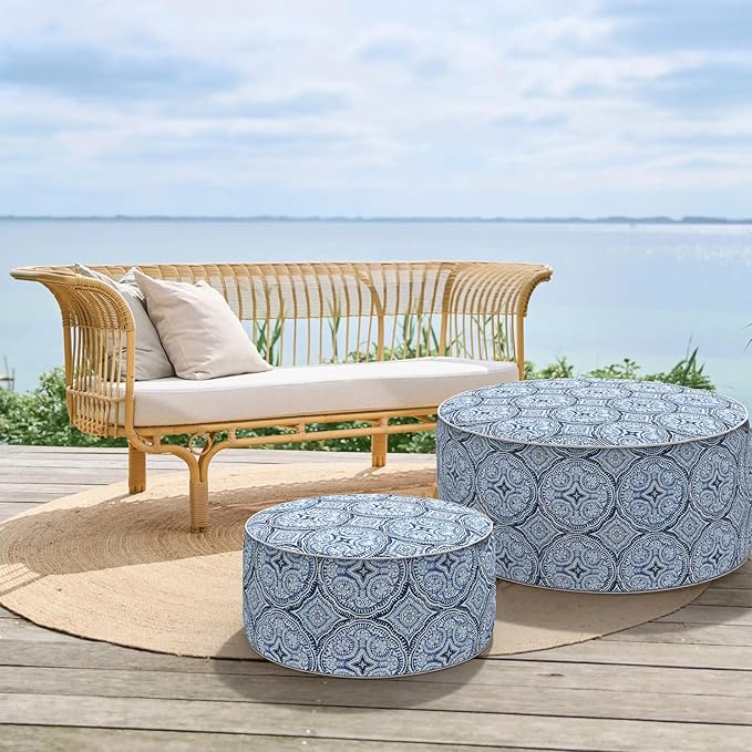 Inflatable Ottoman Stool D31 xH14 for Outdoor/Indoor Use, Water Repellent Patio Foot Rest Stool with Portable Handle,Round Pouf Ottoman Suitable for Garden,Deck and Camping - Medallion Blue-Ruum Studio Home
